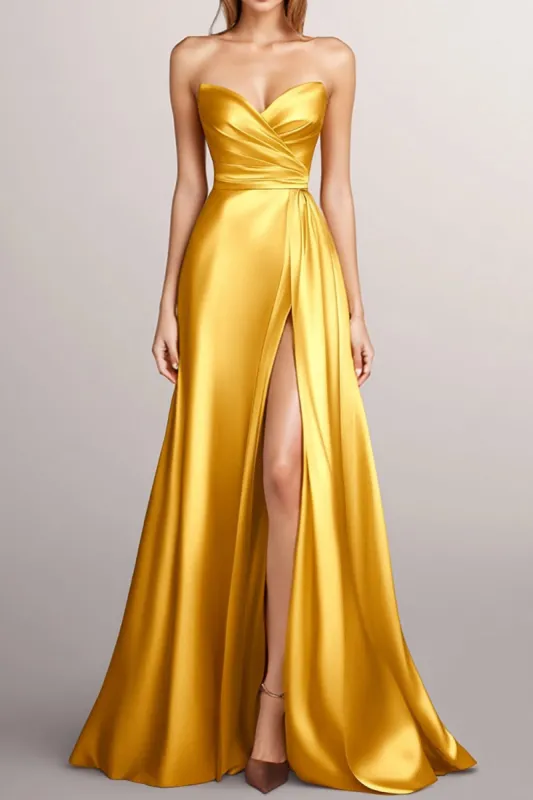 Yellow A-Line Strapless Wrap Ruched Satin Long Formal Dress with Slit sold by Zapaka