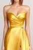 Yellow A-Line Strapless Wrap Ruched Satin Long Formal Dress with Slit sold by Zapaka