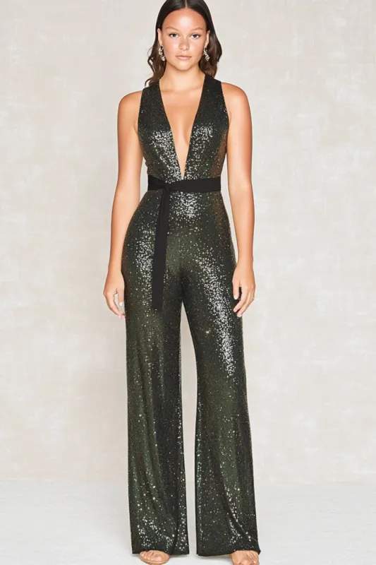 Sparkly Olive Deep V-Neck Sequins Mother of the Bride Jumpsuits with Belt sold by Zapaka