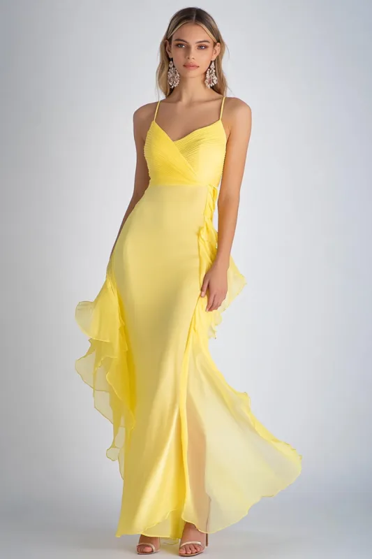 Light Yellow Spaghetti Straps Mermaid Chiffon Long Wedding Guest Dress sold by Zapaka
