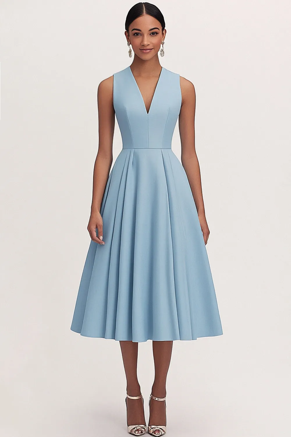 A Line V Neck Blue Pleated Formal Party Dress sold by Zapaka