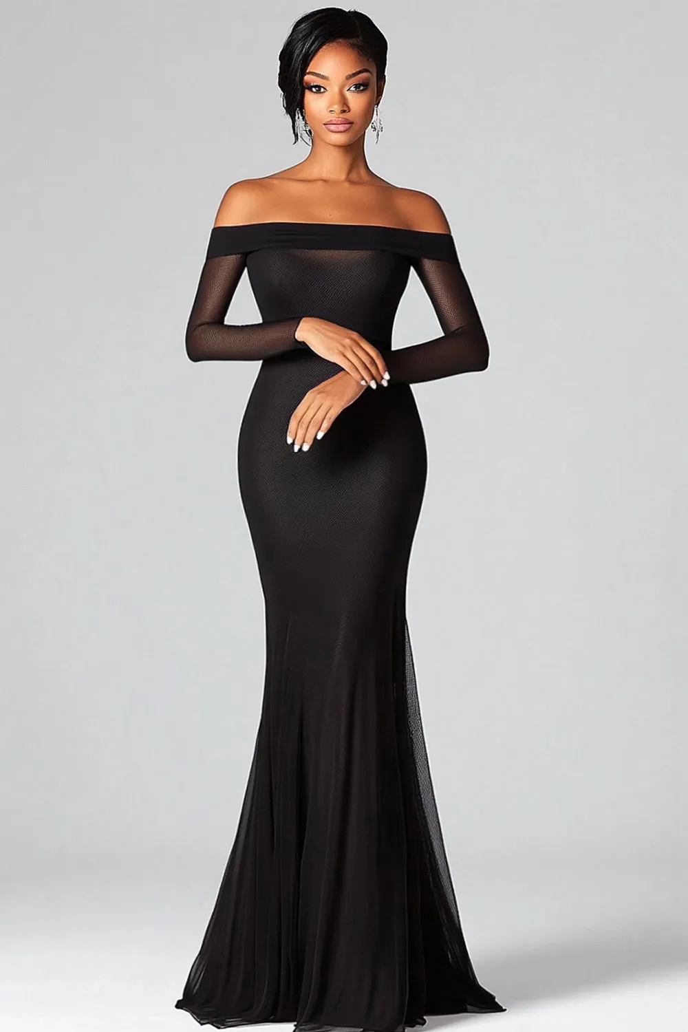 Black Sheath Off The Shoulder Mesh Formal Dress sold by Zapaka
