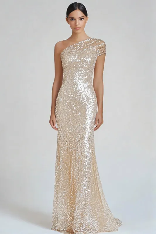 Sparkly Champagne Mermaid One Shoulder Formal Dress with Sequins sold by Zapaka
