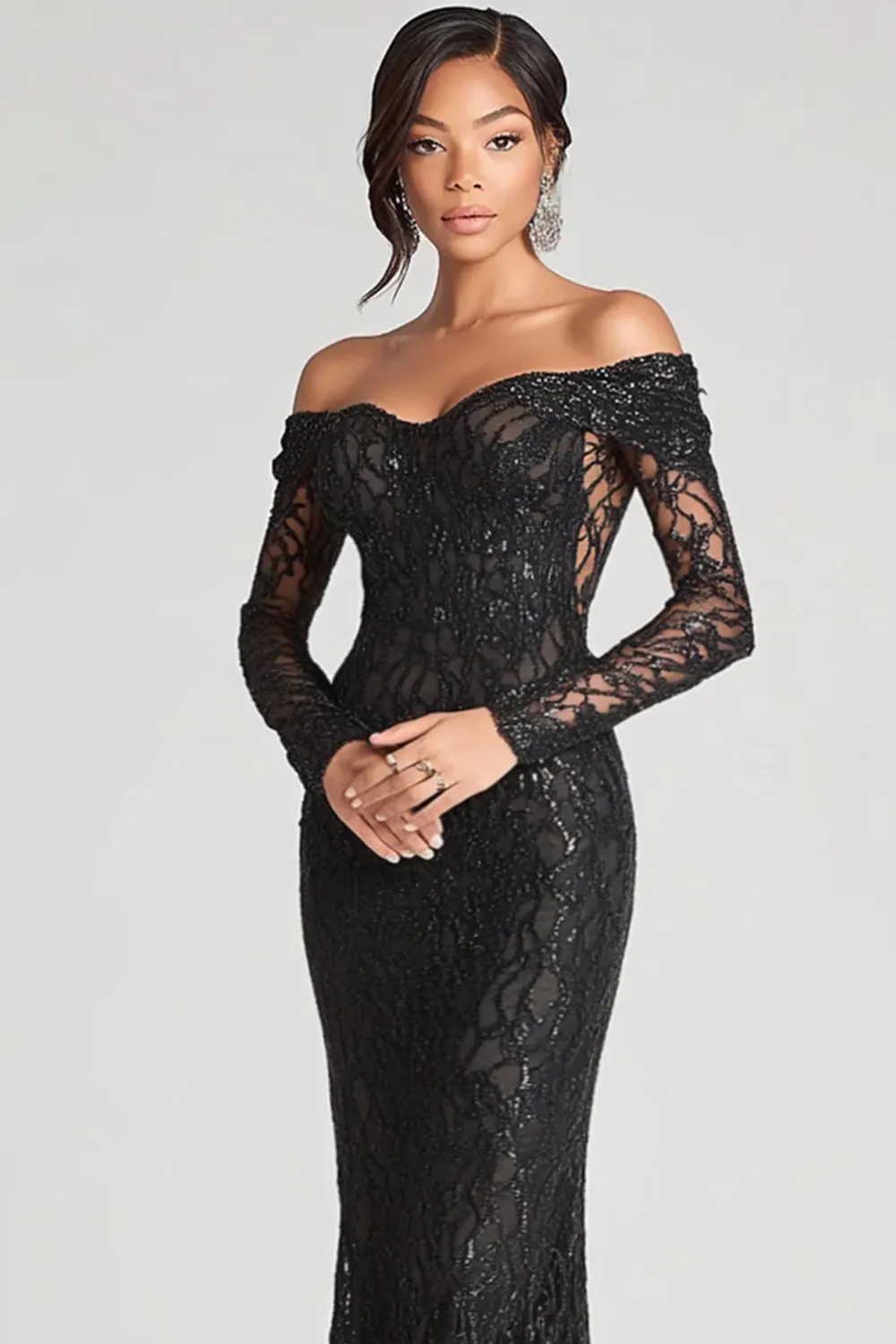 Black Sheath Off The Shoulder Mesh And Lace Formal Dress sold by Zapaka product image thumbnail 2