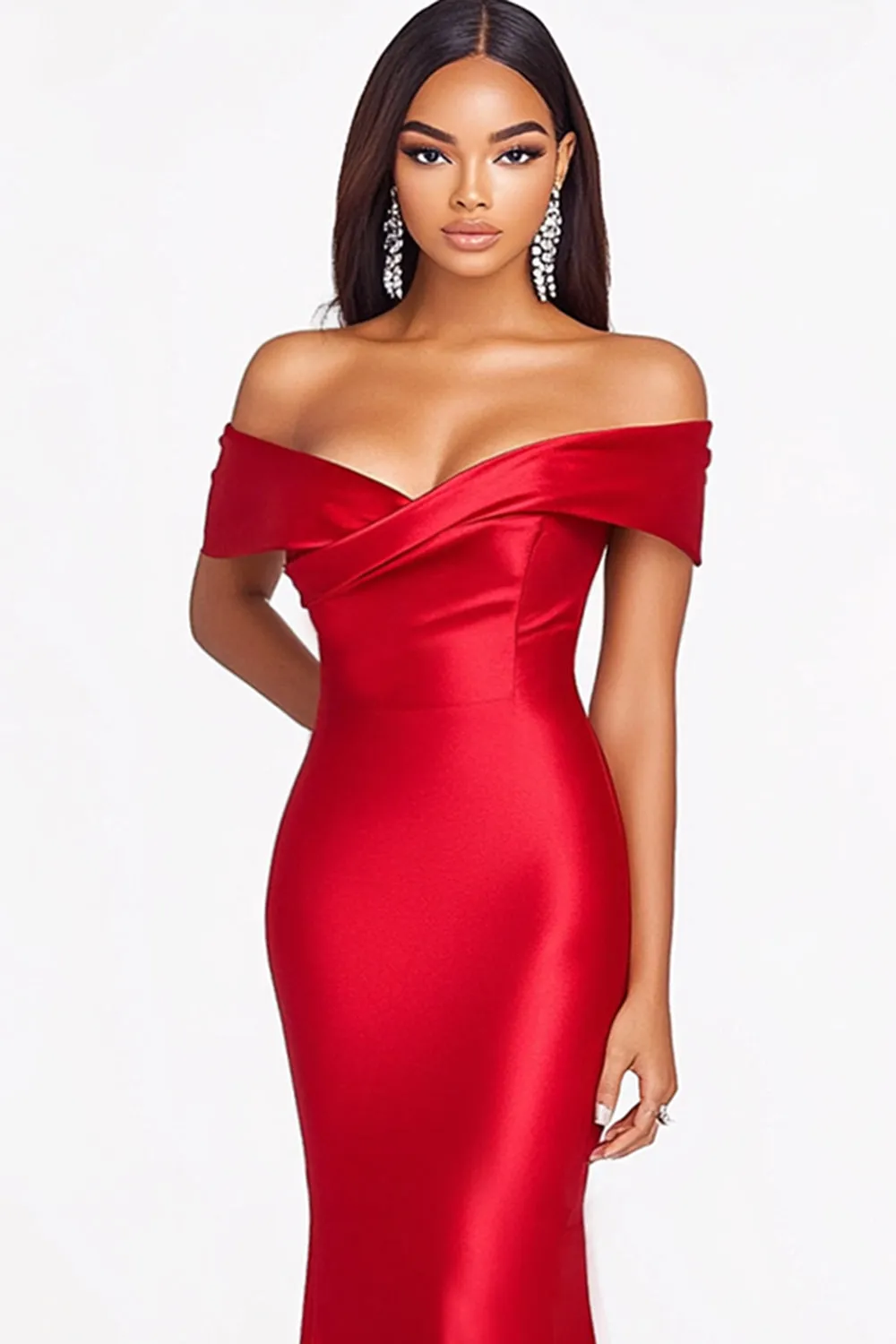 Red Mermaid Off The Shoulder Satin Formal Dress sold by Zapaka product image thumbnail 2