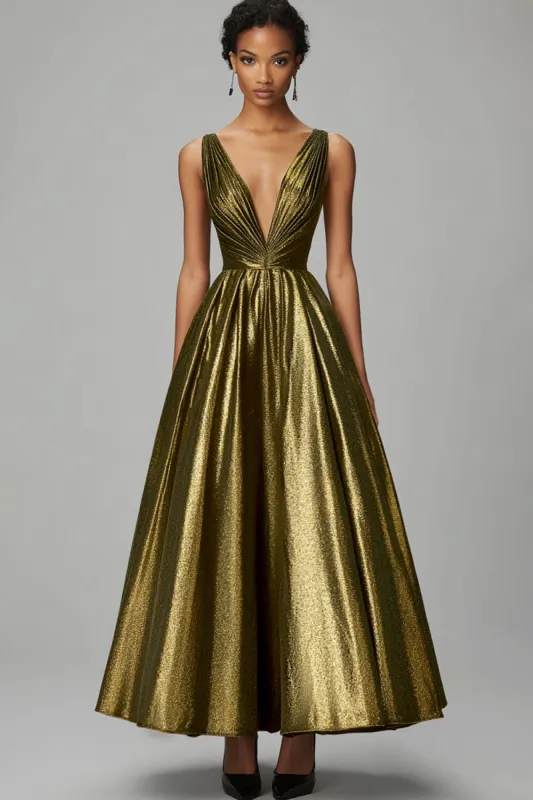 Sparkly Dark Gold A-Line V Neck Ruched Ankle Length Formal Dress sold by Zapaka