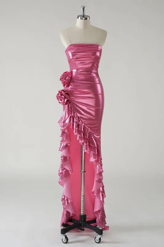 Sparkly Fuchsia Metallic Strapless Prom Dress with Slit sold by Zapaka