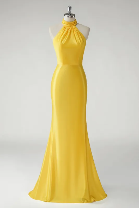 Yellow Mermaid Halter Satin Long Prom Dress sold by Zapaka
