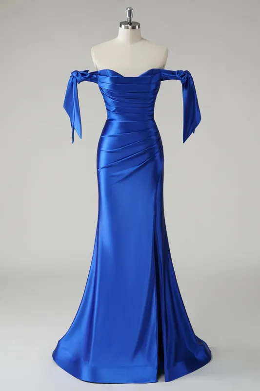 Royal Blue Mermaid Off the Shoulder Pleated Prom Dress sold by Zapaka
