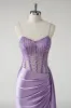 Sparkly Purple Corset Satin Side Cape Long Prom Dress with Slit sold by Zapaka