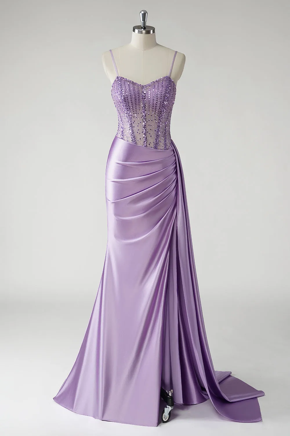 Sparkly Purple Corset Satin Side Cape Long Prom Dress with Slit sold by Zapaka