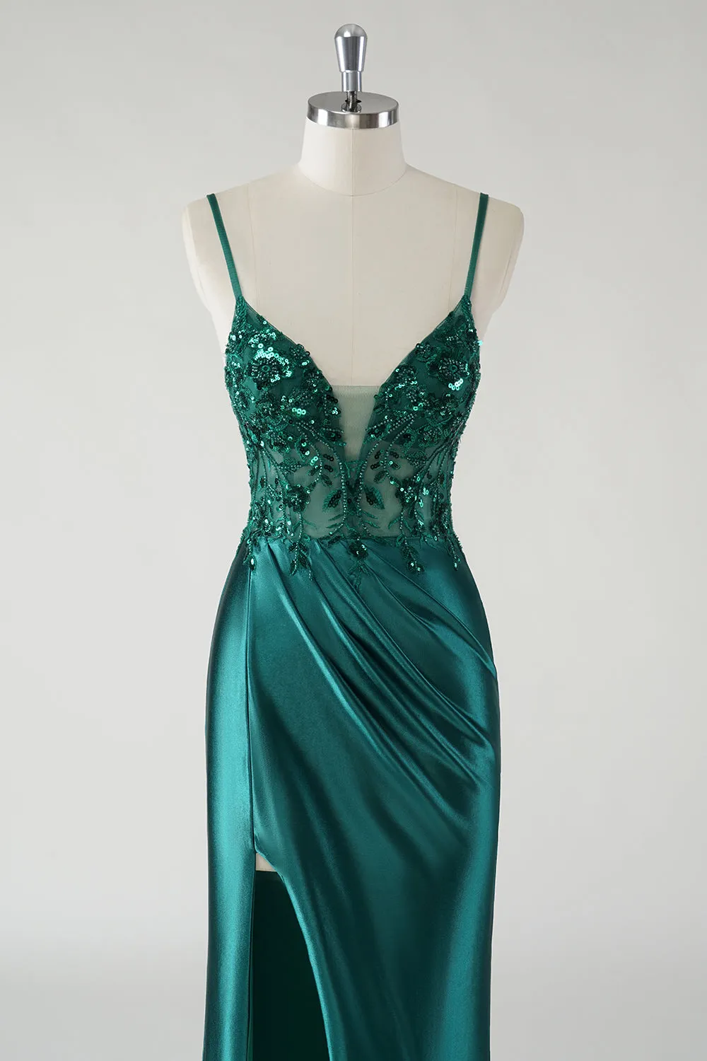 Sparkly Dark Green Spaghetti Straps Ruched Mermaid Prom Dress with Slit sold by Zapaka product image thumbnail 4