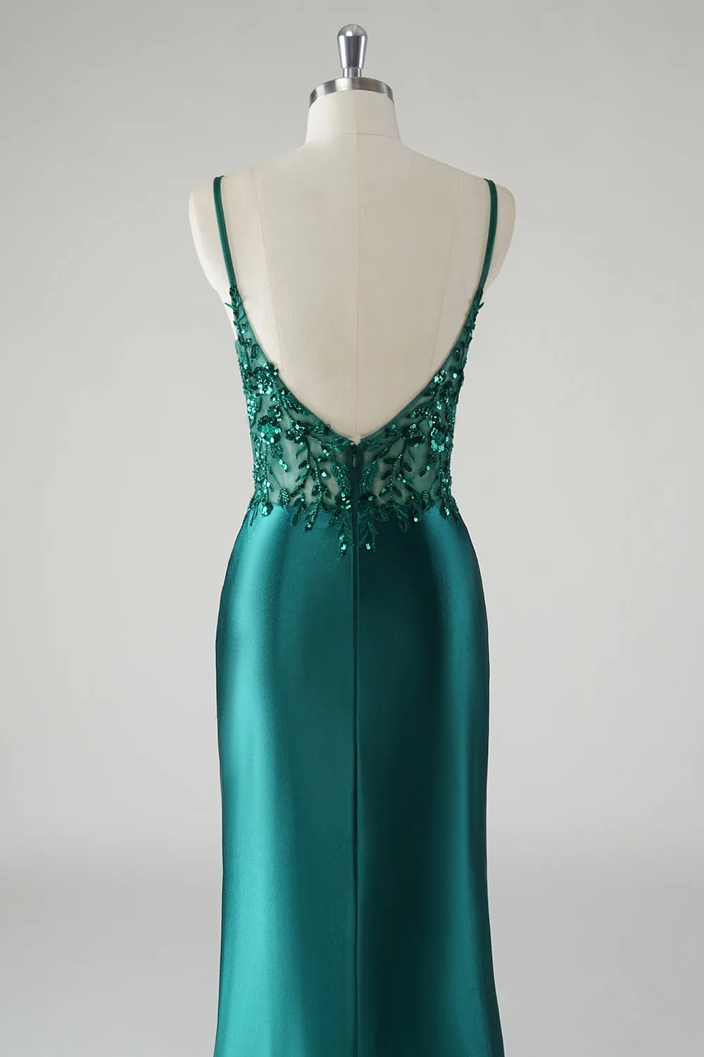 Sparkly Dark Green Spaghetti Straps Ruched Mermaid Prom Dress with Slit sold by Zapaka product image thumbnail 5