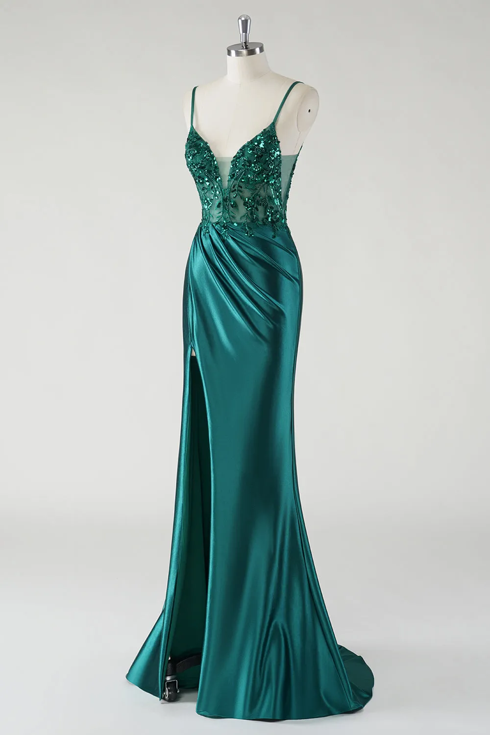 Sparkly Dark Green Spaghetti Straps Ruched Mermaid Prom Dress with Slit sold by Zapaka product image thumbnail 3