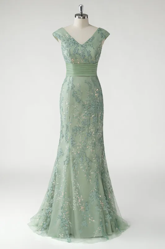 Green V-Neck Mermaid Appliques Sequins Cap Sleeves Prom Dress sold by Zapaka