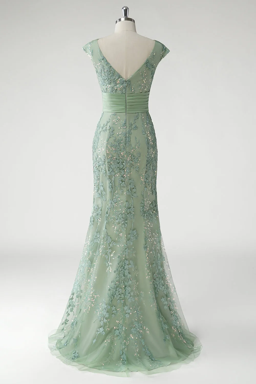 Green V-Neck Mermaid Appliques Sequins Cap Sleeves Prom Dress sold by Zapaka product image thumbnail 2