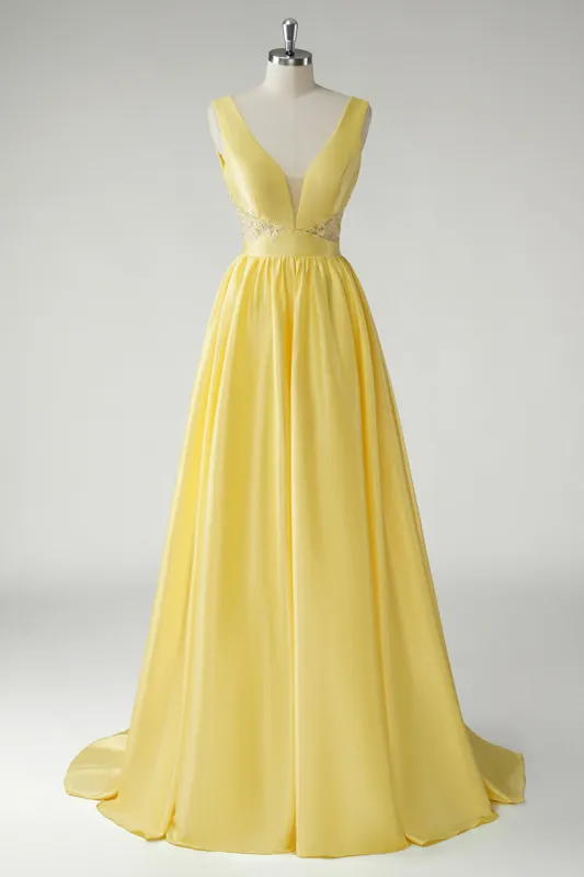 Yellow A Line Deep V-Neck Long Prom Dress sold by Zapaka