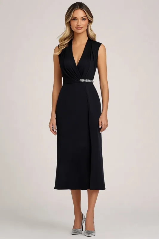 Sparkly Black Wrap Beaded Ruched V Neck Tea Length Formal Dress sold by Zapaka