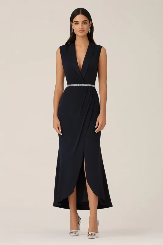 Sparkly Black Wrap Shawl Lapel Beaded Long Formal Dress sold by Zapaka