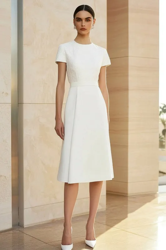 White Round Neck Fitted Straight Pencil Midi Formal Dress sold by Zapaka
