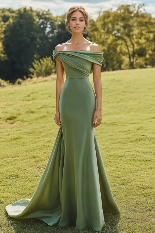 Sage Slim Off The Shoulder Draped Neck Long Fishtail Formal Dress with Wide Hem sold by Zapaka