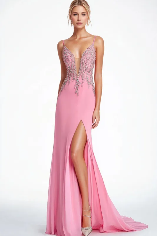 Pink V Neck Spaghetti Straps Beaded Formal Dress sold by Zapaka
