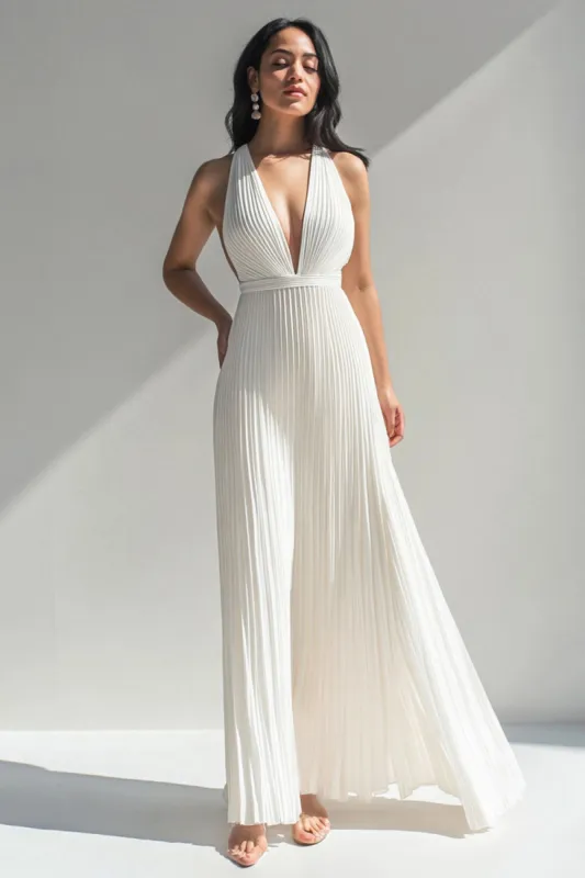 Ivory Halter Neck Chiffon Pleated Long Formal Dress made by Zapaka