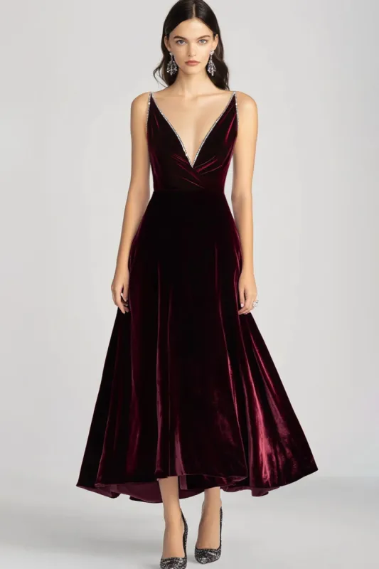 Burgundy Spaghetti Straps V Neck Velvet Formal Dress sold by Zapaka