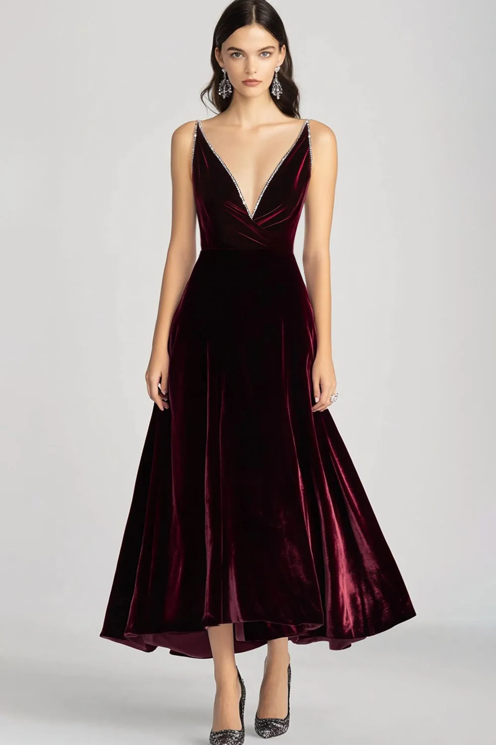 Burgundy Spaghetti Straps V Neck Velvet Formal Dress sold by Zapaka