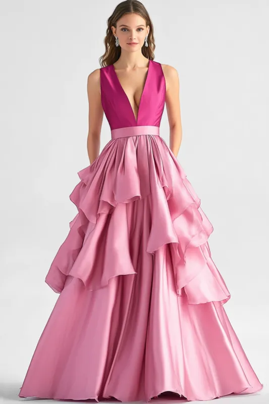 Hot Pink A-Line V Neck Ruffles Long Prom Dress sold by Zapaka