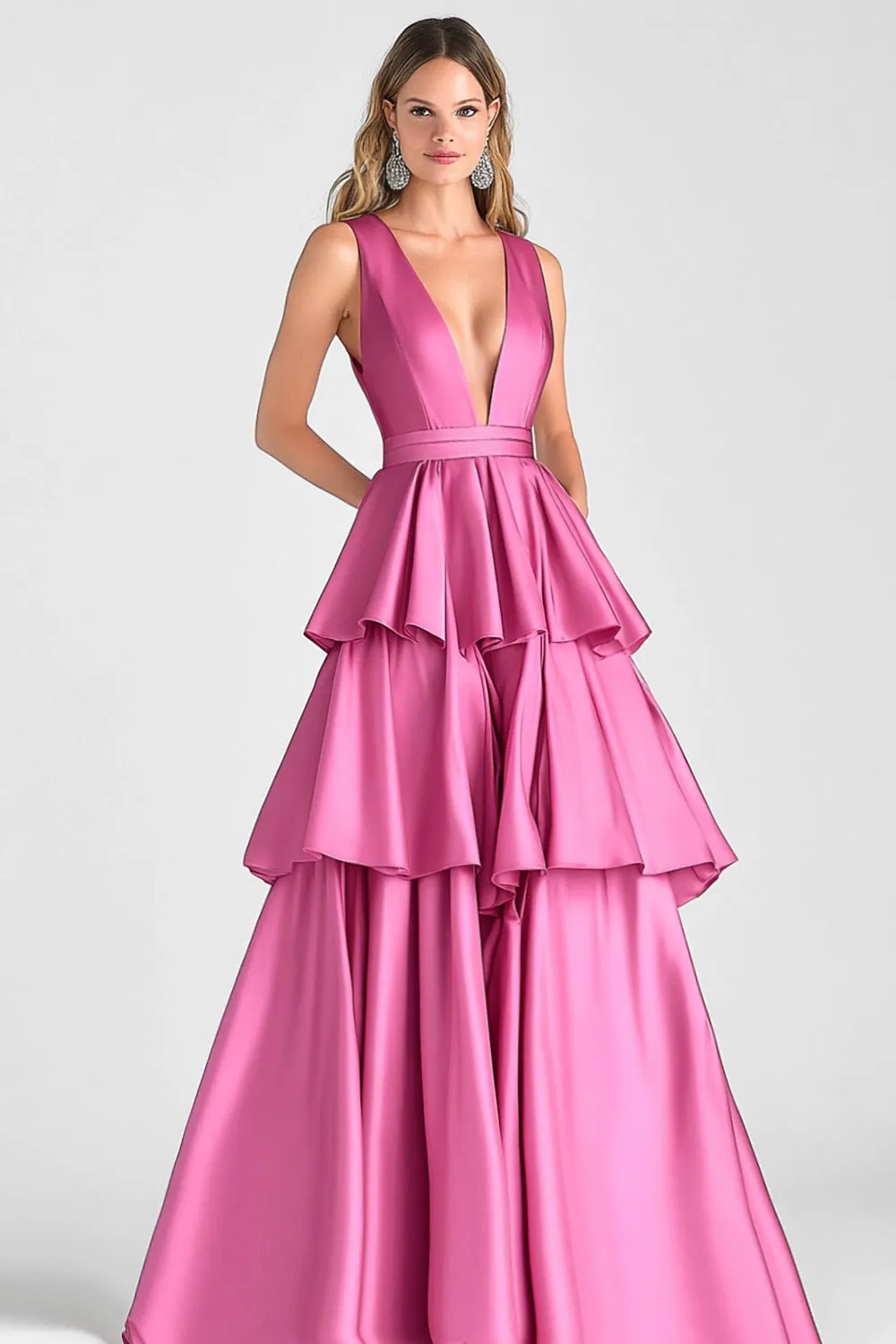 Fuchsia A-Line V Neck Ruffles Long Prom Dress sold by Zapaka product image thumbnail 2