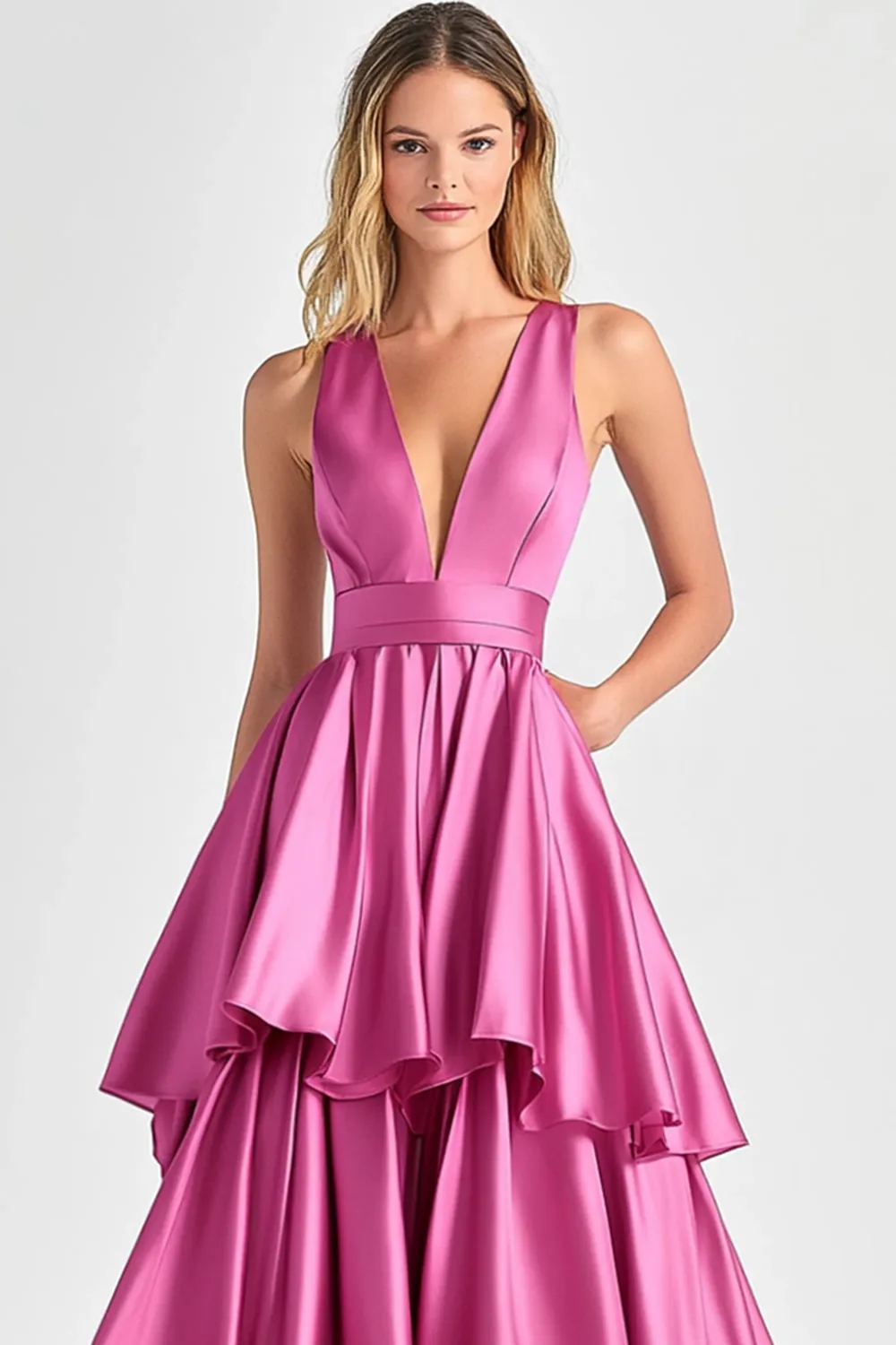 Fuchsia A-Line V Neck Ruffles Long Prom Dress sold by Zapaka product image thumbnail 3