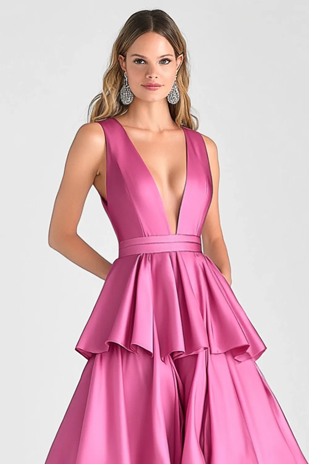Fuchsia A-Line V Neck Ruffles Long Prom Dress sold by Zapaka product image thumbnail 4