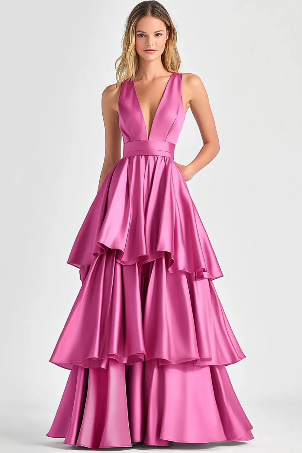 Fuchsia A-Line V Neck Ruffles Long Prom Dress sold by Zapaka