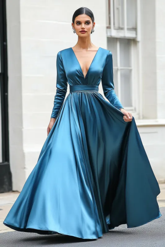 Dark Blue A-Line V Neck Long Sleeves Long Prom Dress sold by Zapaka