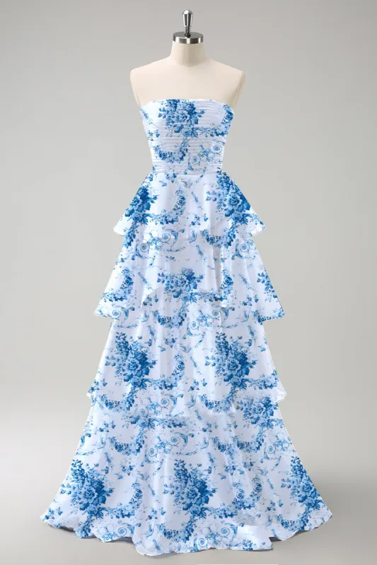 White Blue Flower Ruffled A Line Bridesmaid Dress sold by Zapaka