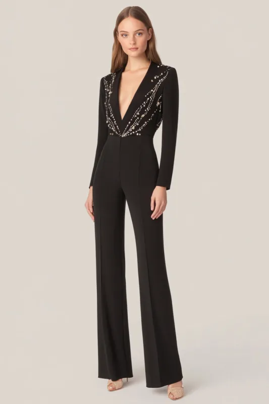 Black Deep V-neck Long Sleeves Satin Long Formal Jumpsuits sold by Zapaka