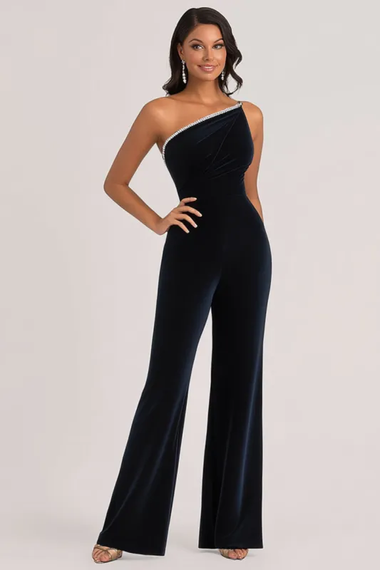 Velvet Navy Women's Jumpsuits with Rhinestone sold by Zapaka