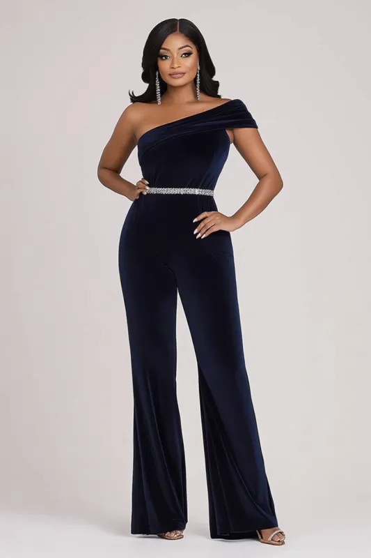 Sparkly Navy One Shoulder Bodycon Velvet Beaded Prom Jumpsuit sold by Zapaka