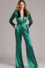 Dark Green Satin Shawl Lapel Long Sleeves Formal Jumpsuits sold by Zapaka