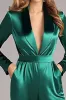 Dark Green Satin Shawl Lapel Long Sleeves Formal Jumpsuits sold by Zapaka