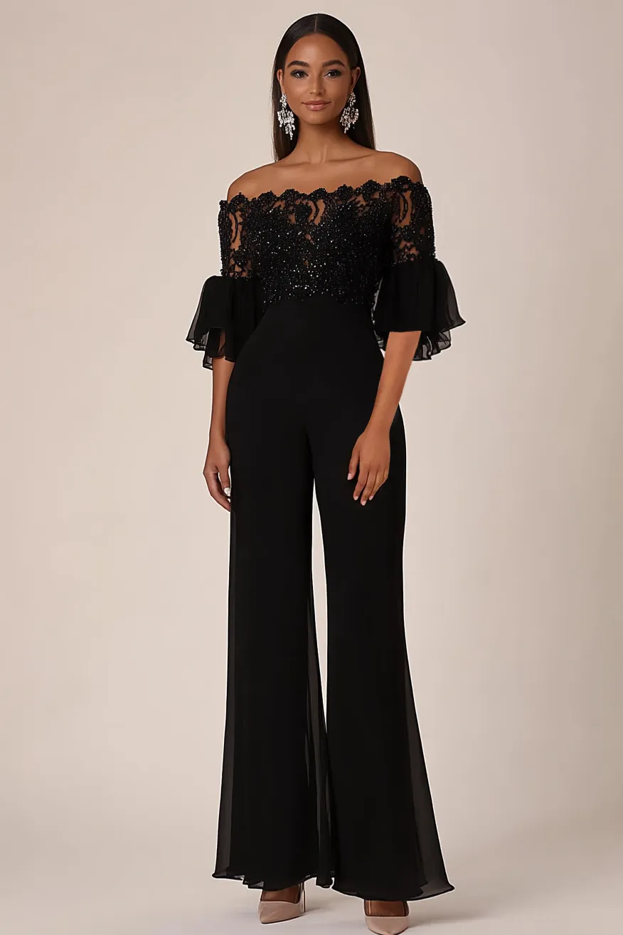 Black Off the Shoulder Half Sleeves Chiffon Long Jumpsuits sold by Zapaka