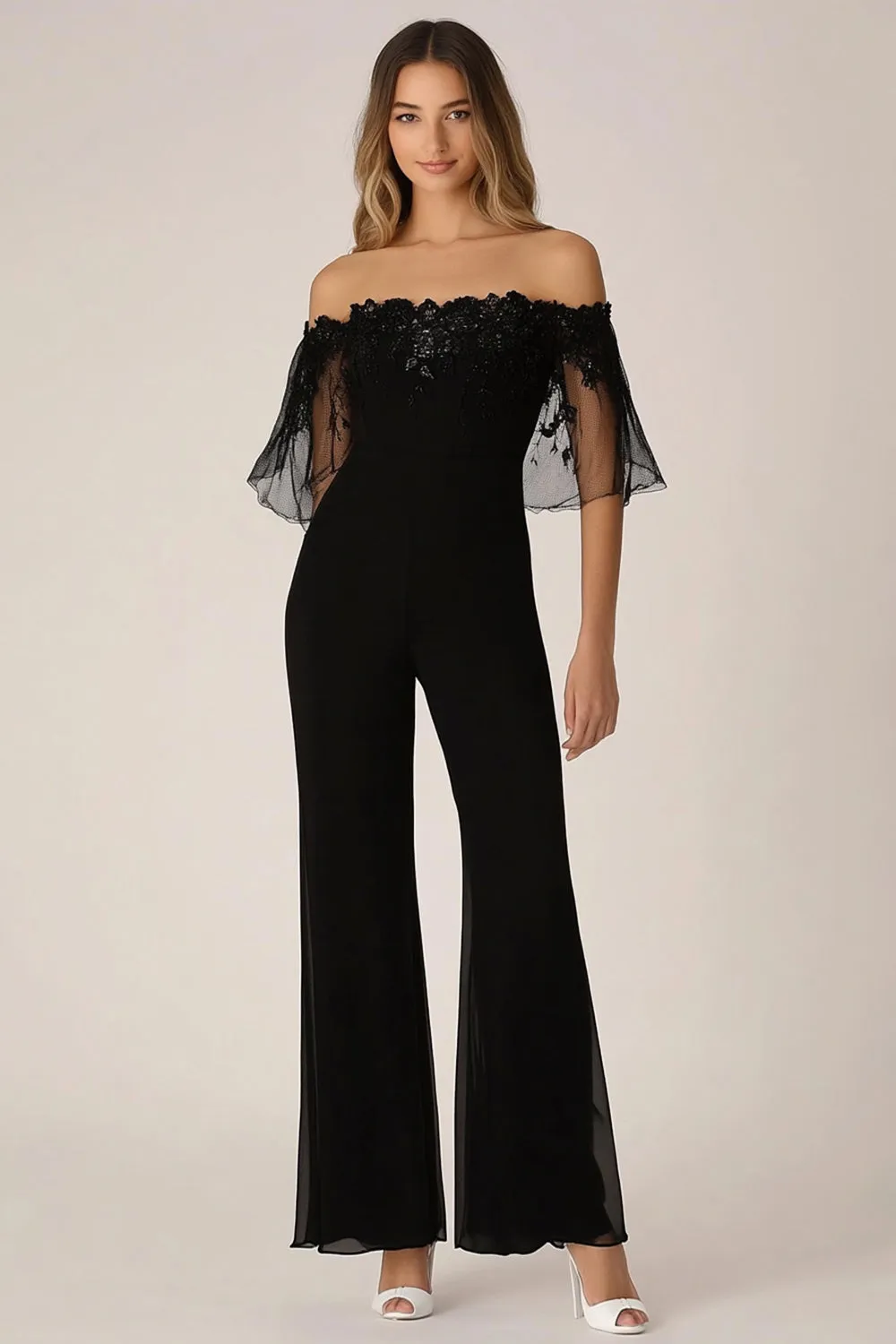 Black Off the Shoulder Chiffon Formal Jumpsuits with Appliques sold by Zapaka