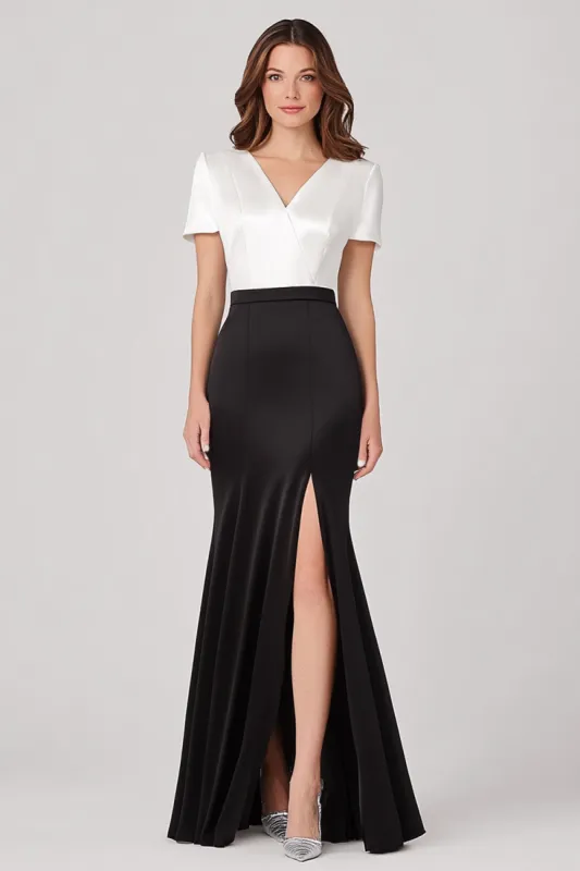 White Black Satin Sheath Mother Of Bride Dress with Slit sold by Zapaka