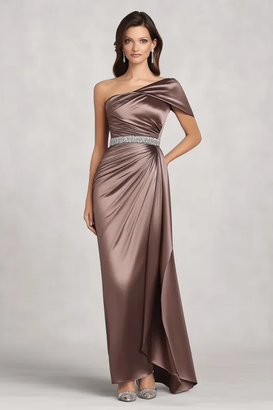 Taupe Satin One Shoulder Mother of Bride Dress sold by Zapaka