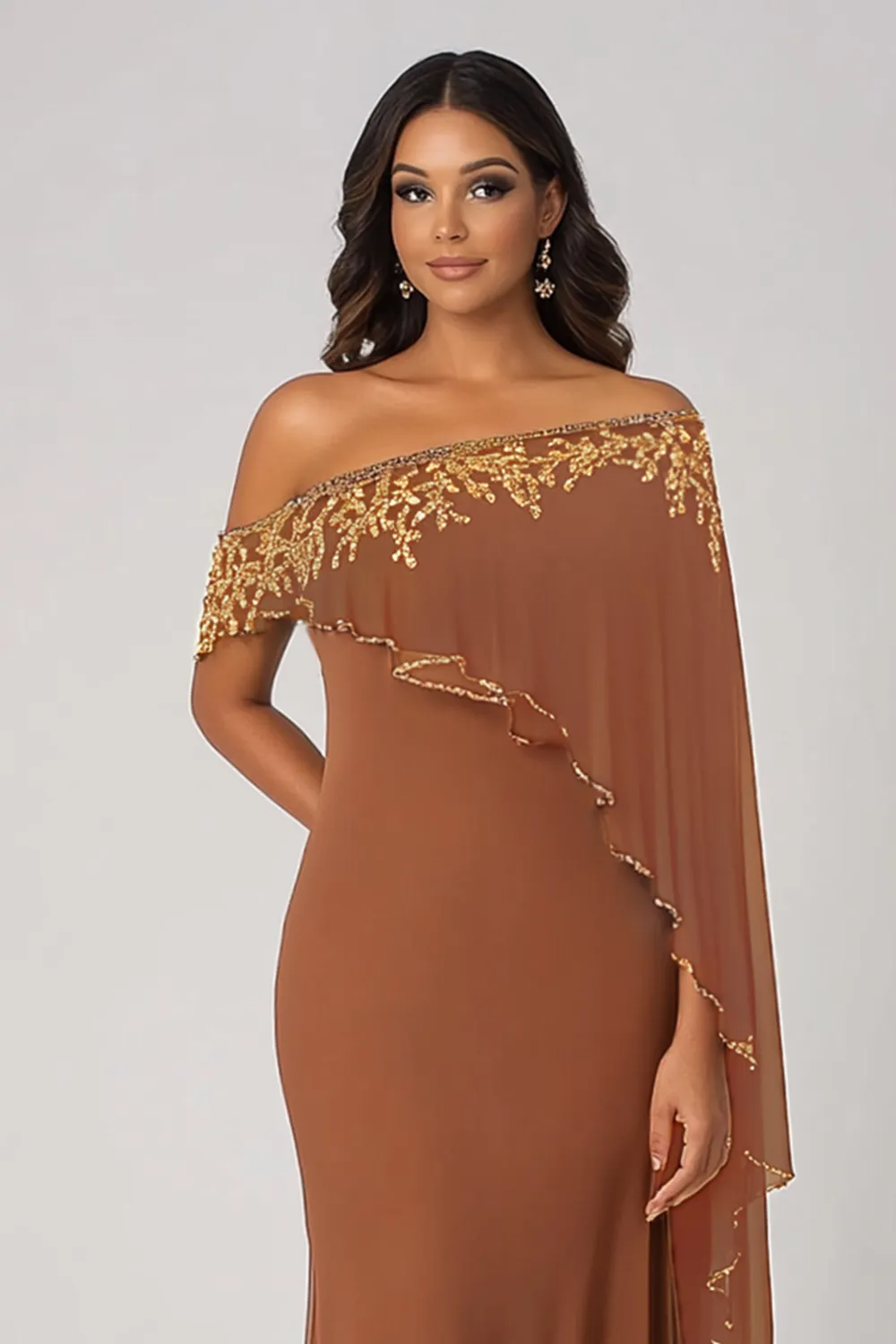 Sparkly Rust Off The Shoulder Chiffon Long Mother of Bride Dress sold by Zapaka product image thumbnail 2