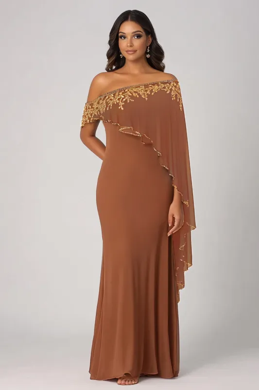 Sparkly Rust Off The Shoulder Chiffon Long Mother of Bride Dress sold by Zapaka