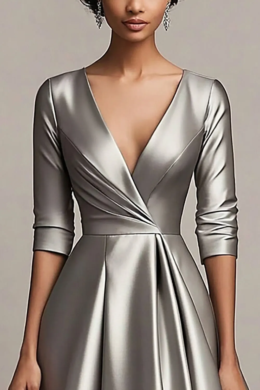 V-Neck A Line Satin Grey Sleeves Calf Length Mother Dress sold by Zapaka product image thumbnail 2
