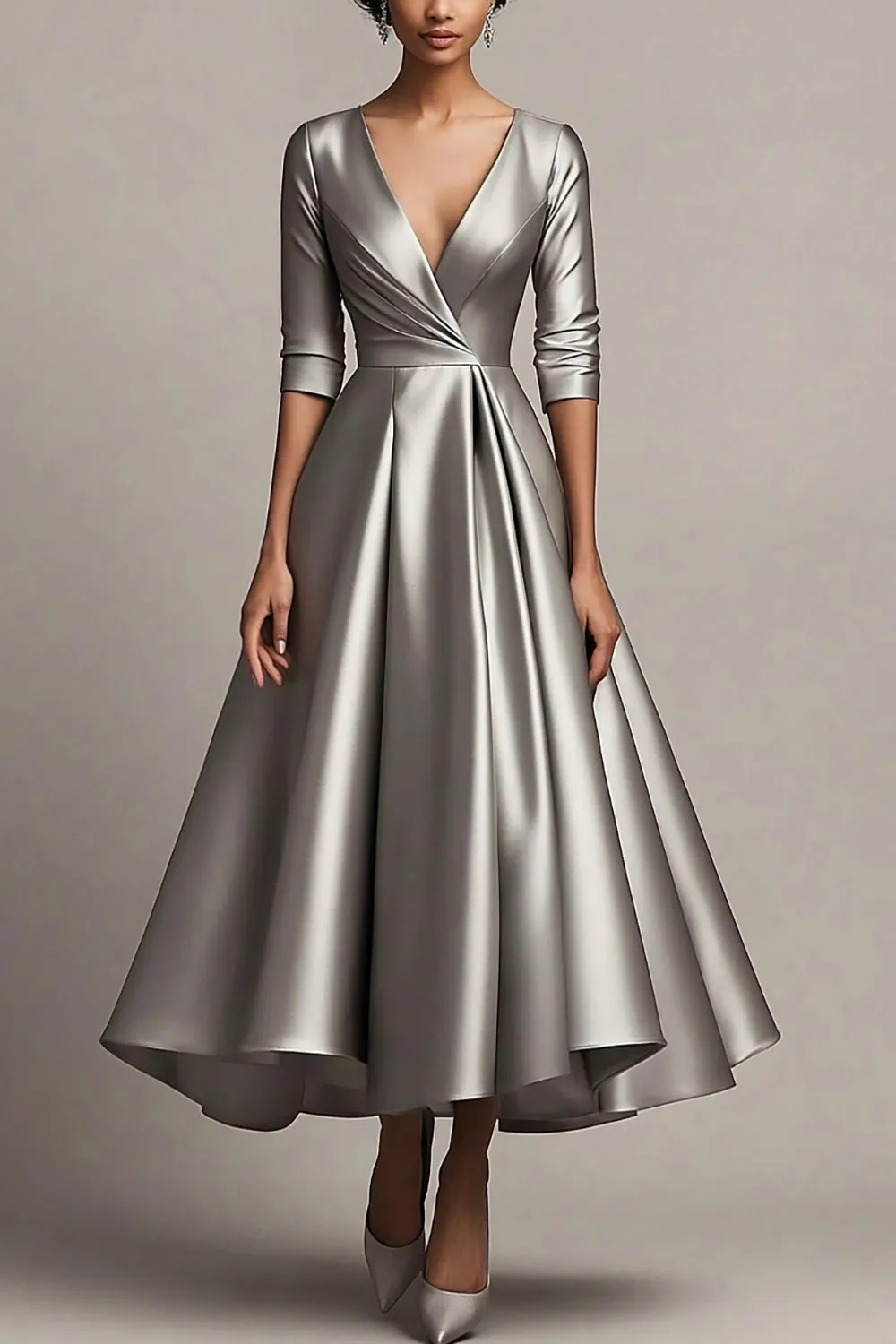 V-Neck A Line Satin Grey Sleeves Calf Length Mother Dress sold by Zapaka