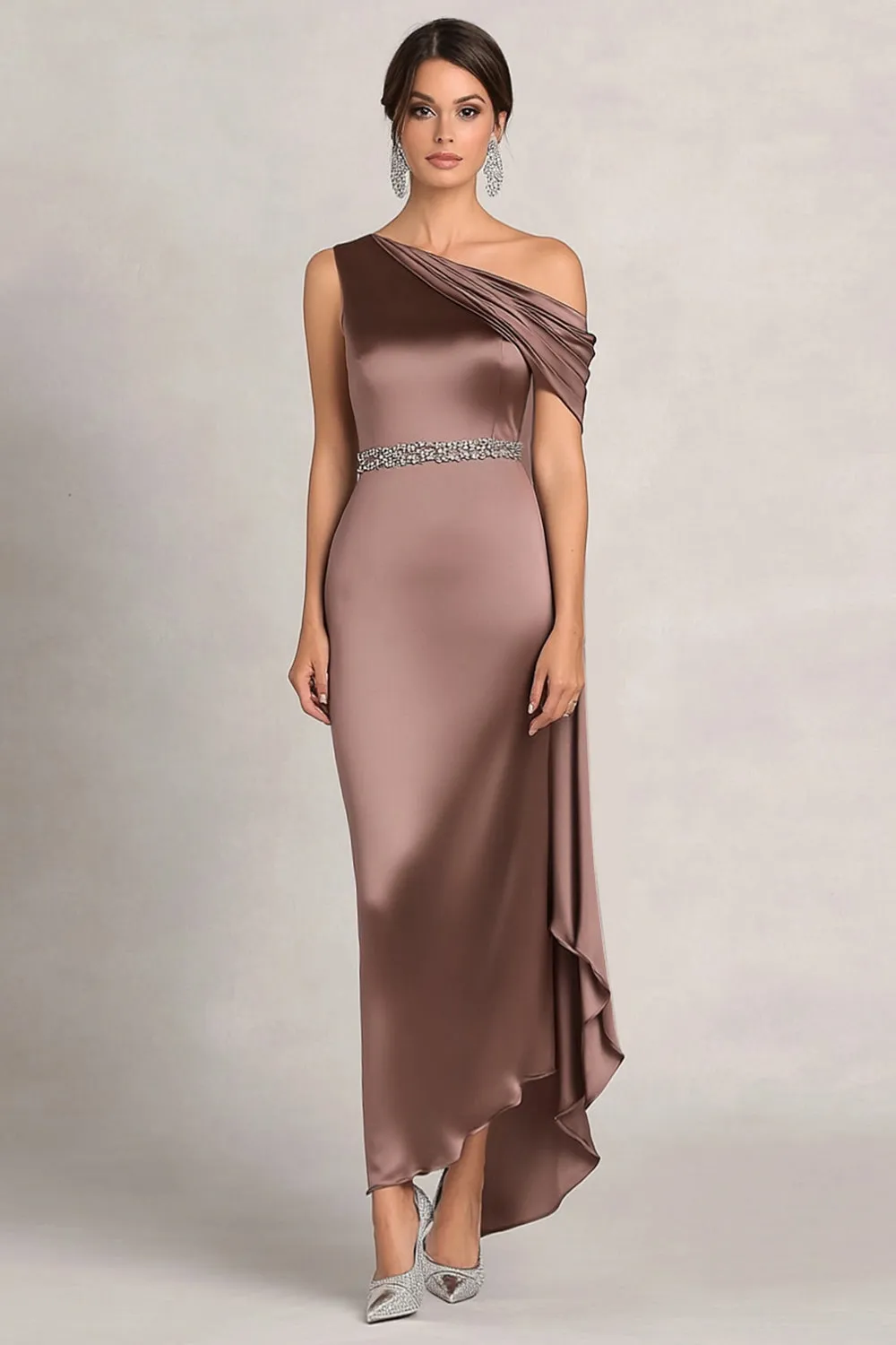 Taupe Sheath One Shoulder Ruched Rhinetones Satin Mother Of the Bride Dress sold by Zapaka